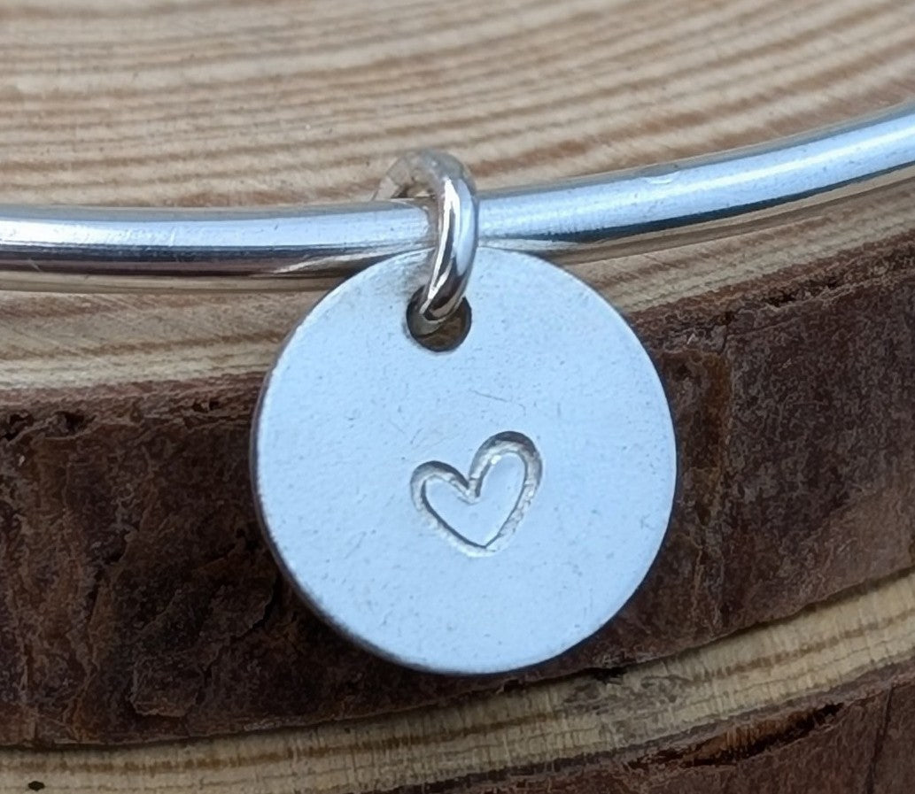 sterling silver heart stamped disc charm bangle