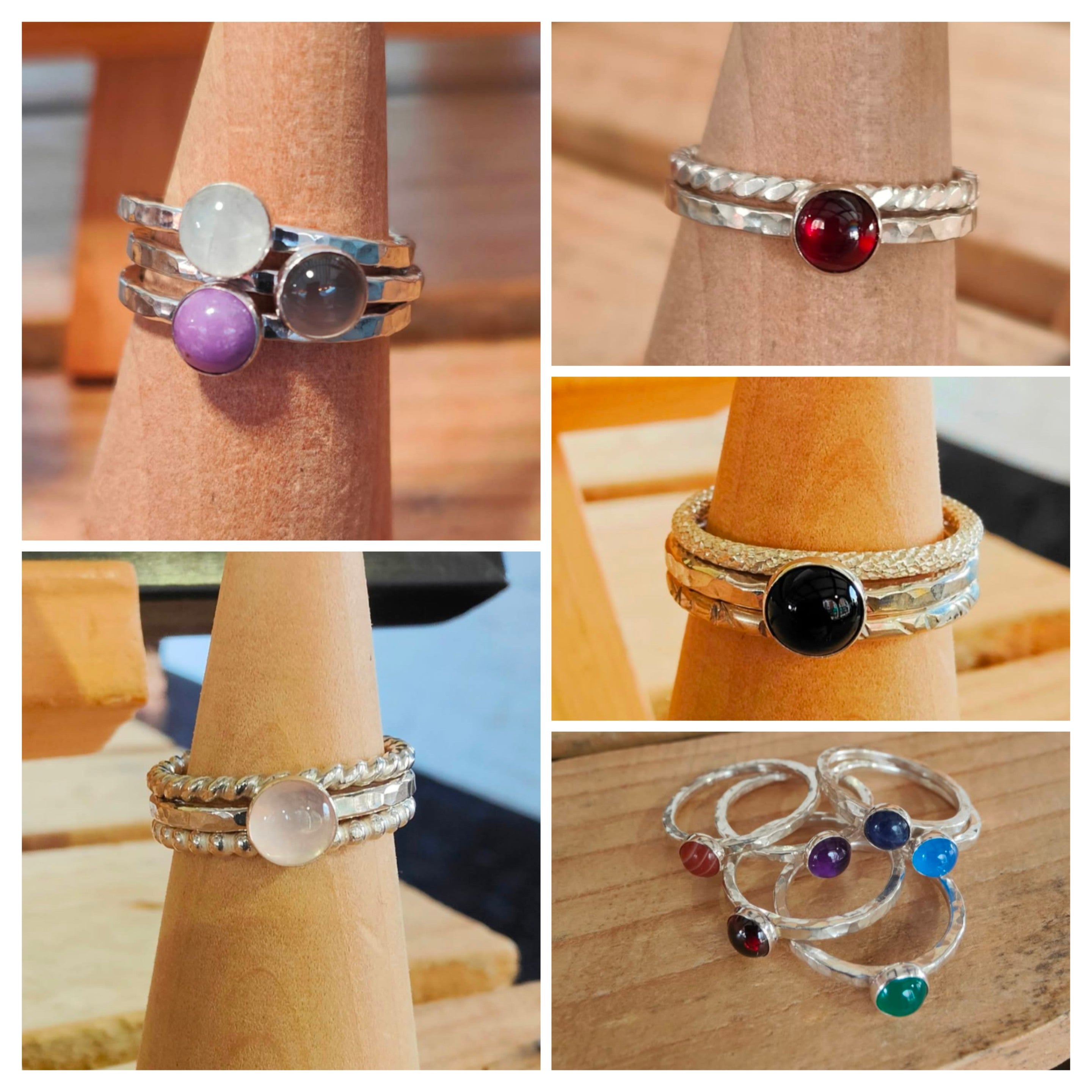 sterling silver gemstone stacking rings – lovehearts and daisies